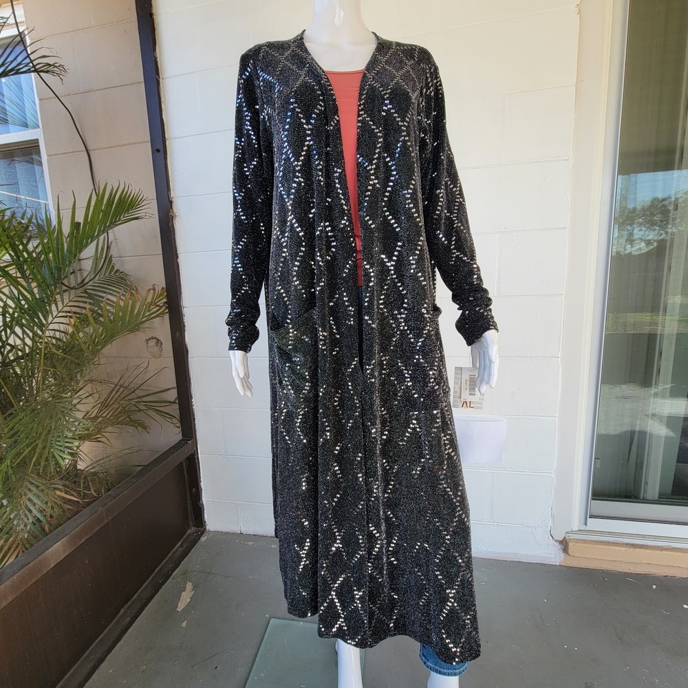 NWT LuLaRoe Sarah Duster Cardigan Black Silver Metallic Womens XL Glam Night
